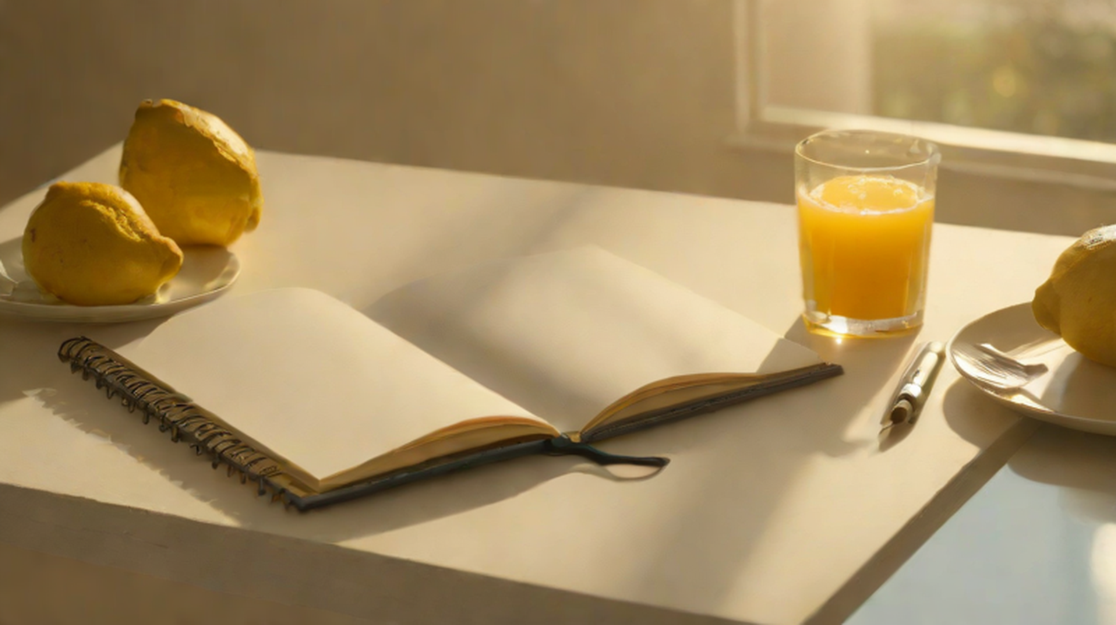 UK kitchen table with clock, water glass and soft mitochondrial shapes for an article about time restricted eating and routine.